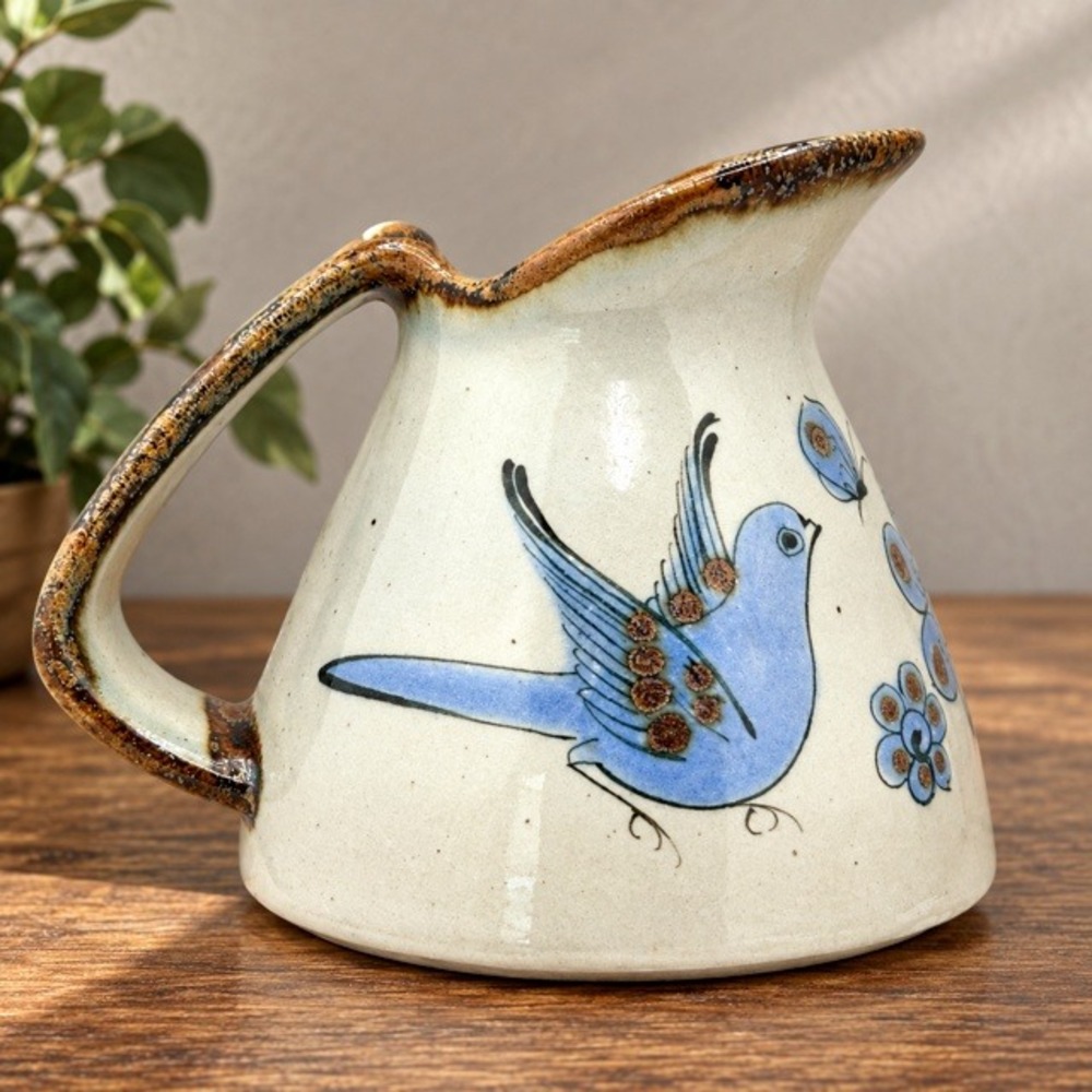Vintage El Palomar Tonala Mexico Pottery Pitcher Blue Bird Floral Signed 5"
